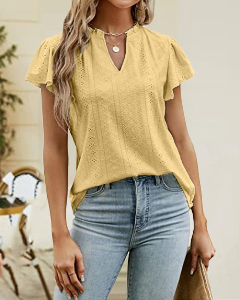 

Hollow Out Frill Hem V-Cut Top, Yellow