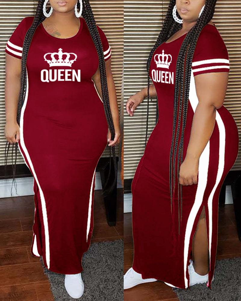 

Plus Size Letter Crown Print Split Hem Casual Dress, Wine red