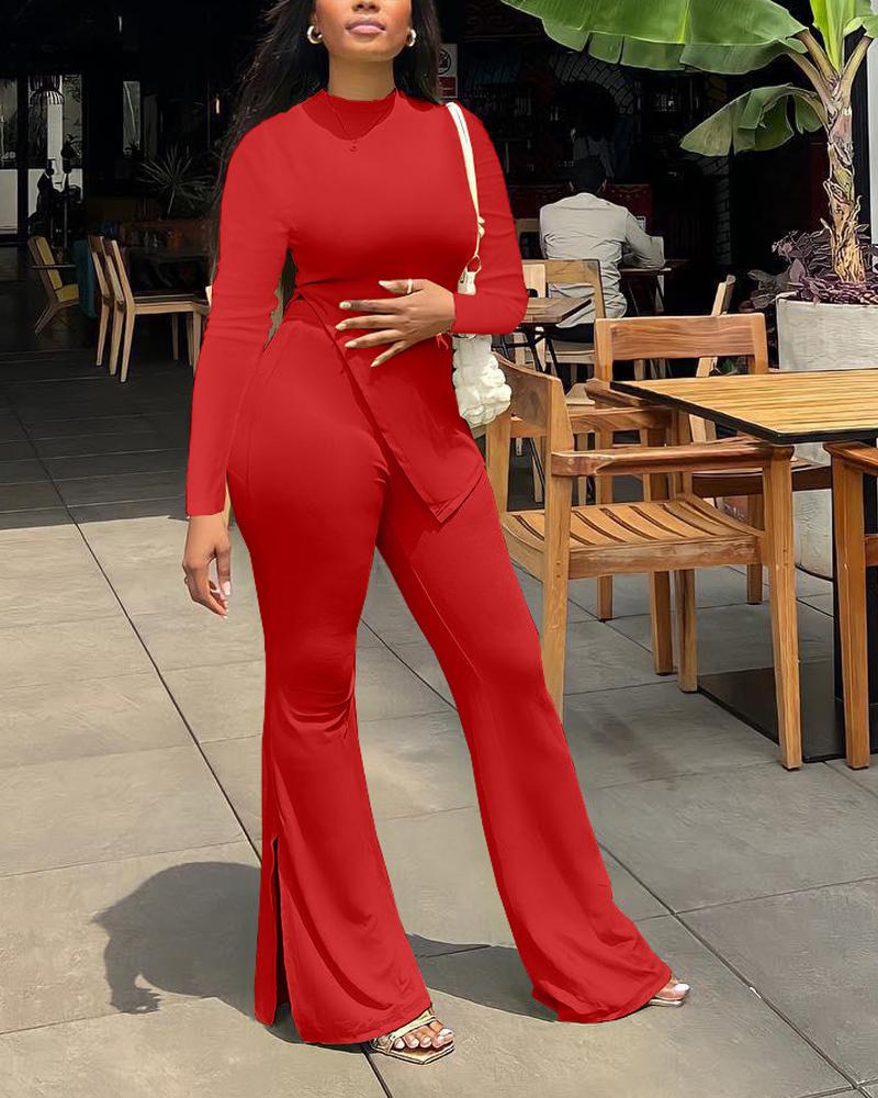 

Split Hem Long Sleeve Top & Flared Leg Pants Set, Red