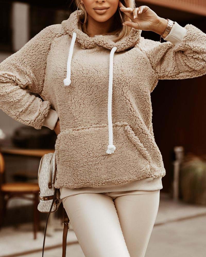 

Long Sleeve Fluffy Drawstring Hoodie, Apricot