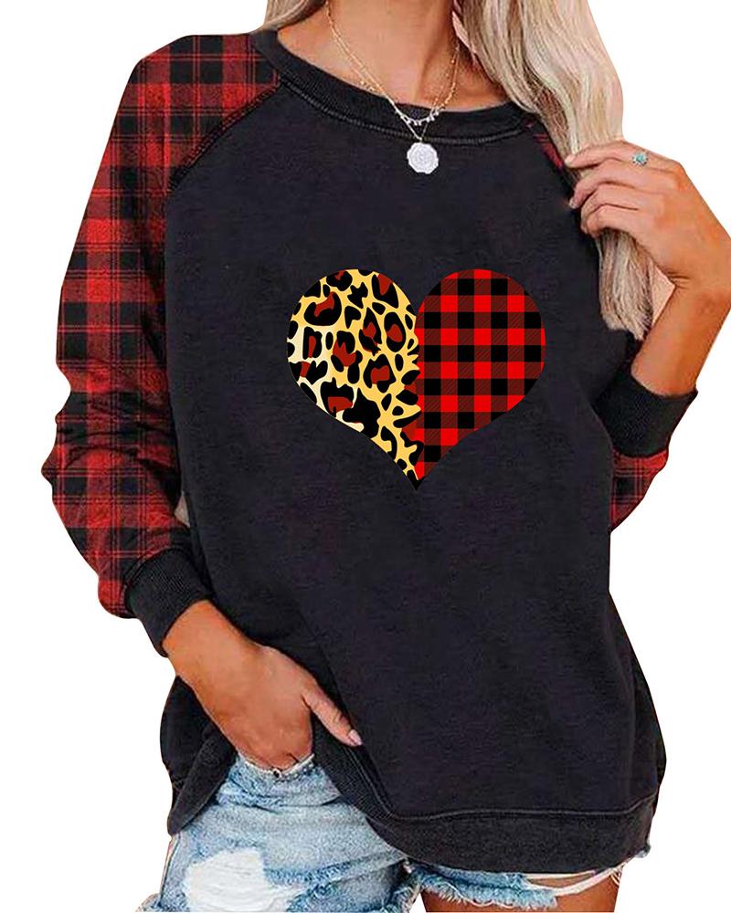 

Leopard Plaid Heart Print Casual Long Sleeve Sweatshirt, Black