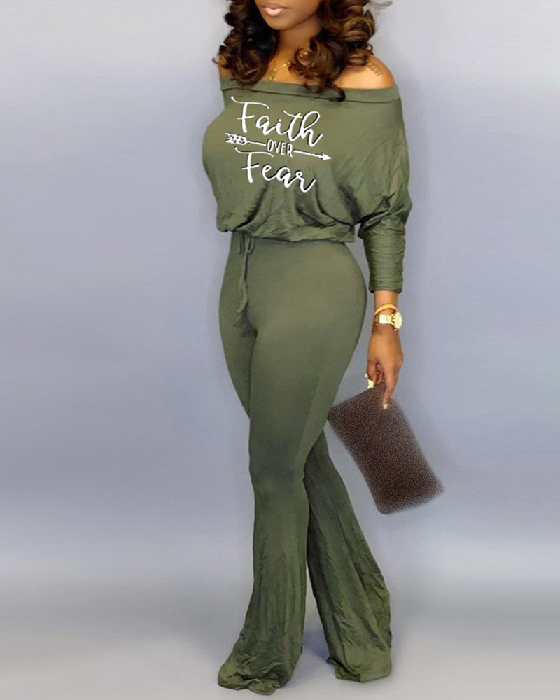 

Arrow Letter Long Sleeve Drawstring Jumpsuit, Green