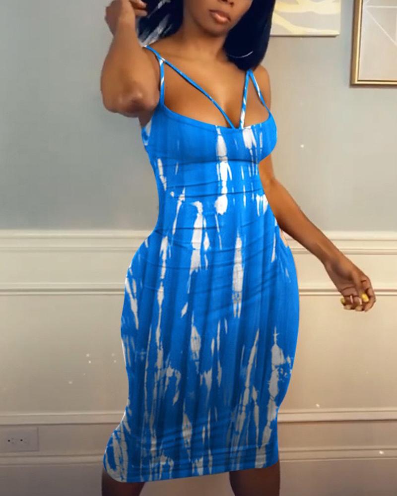 

Tie Dye Print Asymmetrical Neck Bodycon Dress, Blue