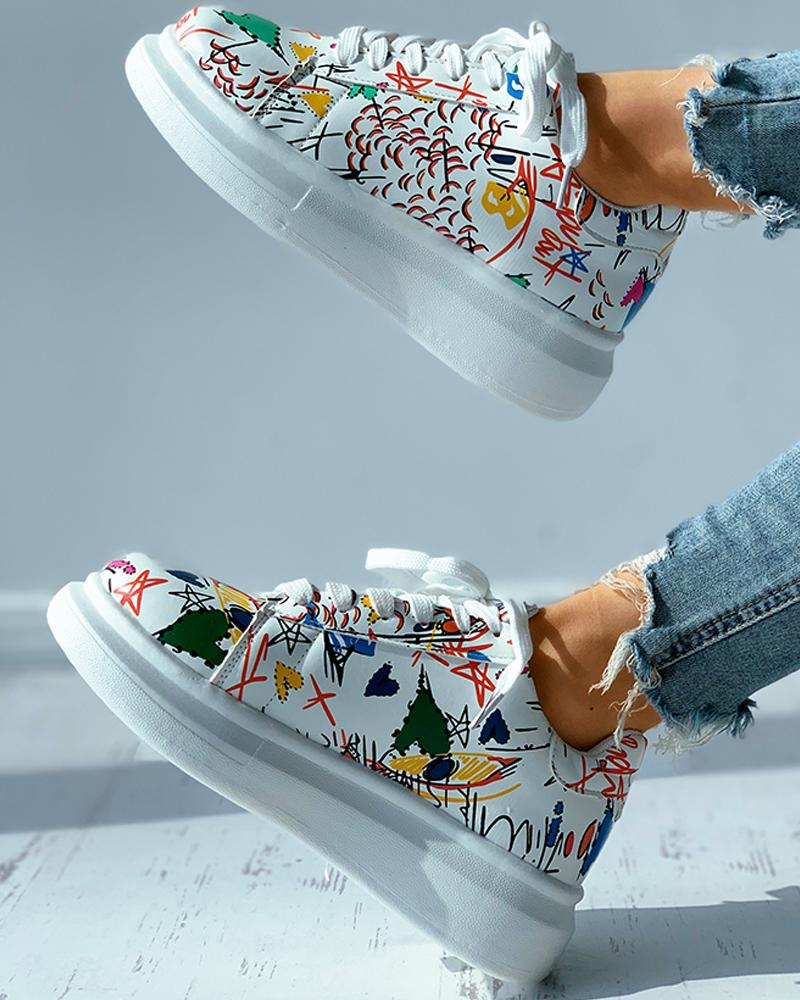 

Doodle Print Eyelet Lace-up Muffin Sneaker, Multicolor