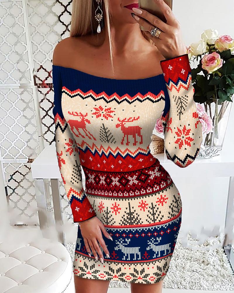 

Christmas Print Off Shoulder Bodycon Dress, Multicolor