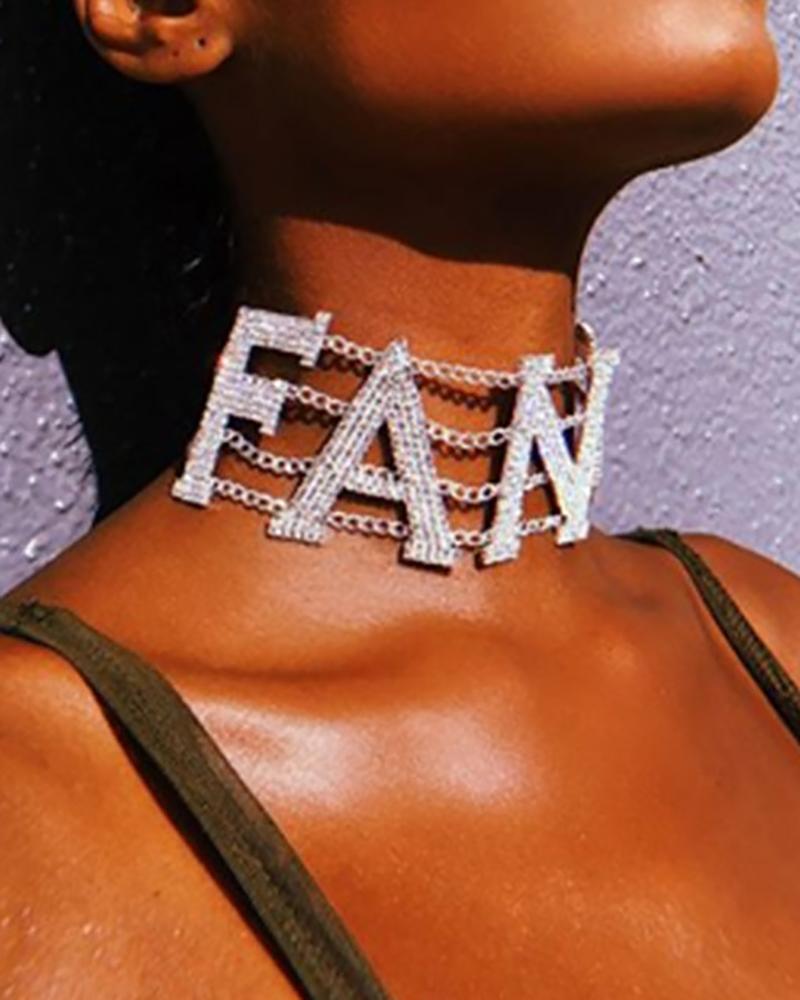 

Layered Chain Letter Pattern Rhinestone Choker, Silver