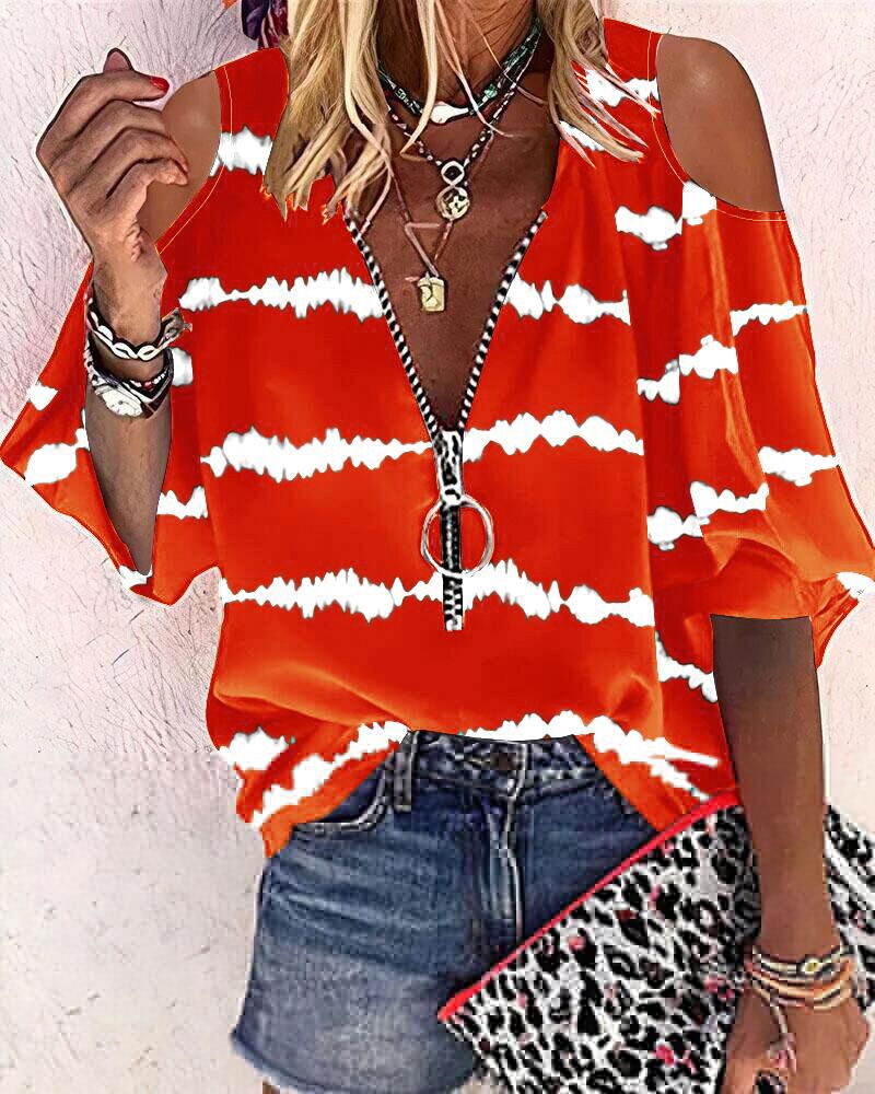 

Tie Dye Print Zip Front Cold Shoulder Top, Orange