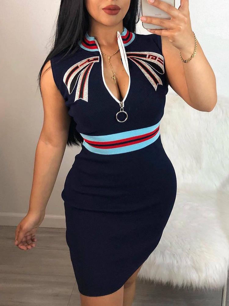 

Striped Tape Splicing Zipper Bodycon Dress, Blue