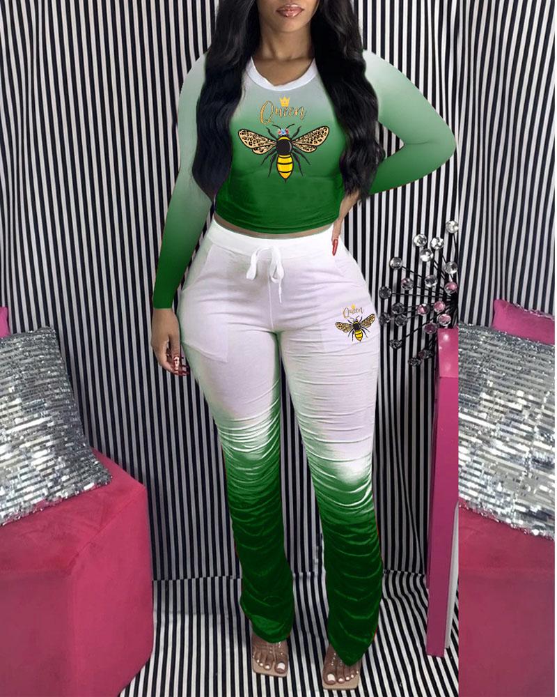 

Bee Print Ombre Crop Top & Stacked Pants Set, Green