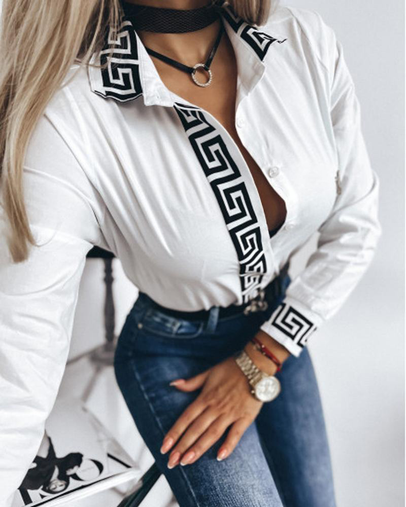 

Geometric Print Long Sleeve Button Down Shirt, White
