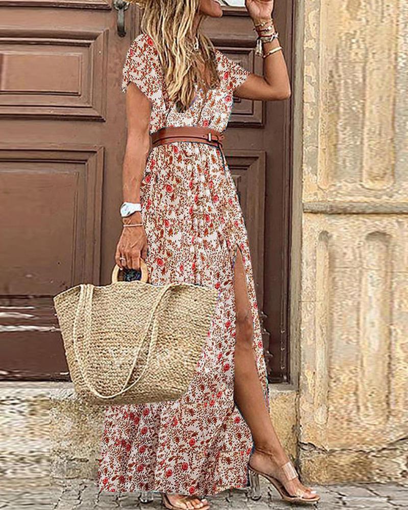 

Floral Print Short Sleeve Loose Boho Dress, Red