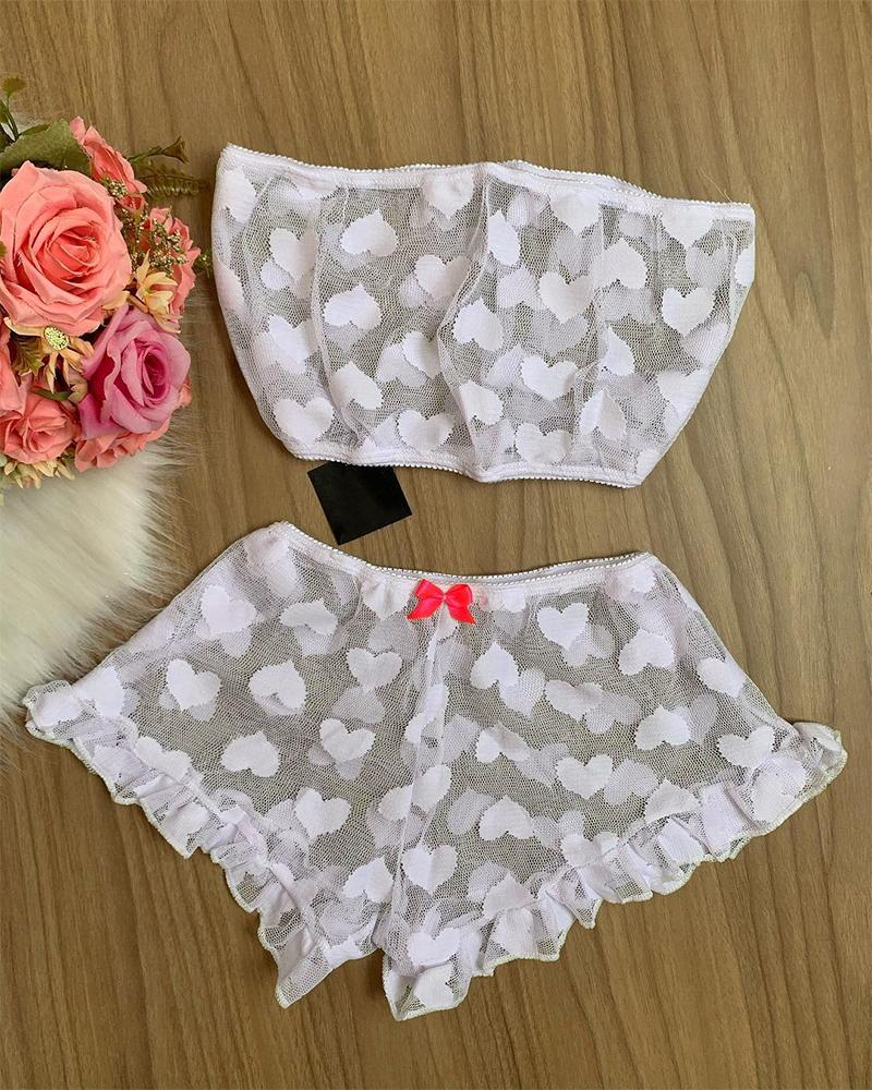 

Heart Flocked Ruffle Hem Sheer Mesh Lingerie Set, White