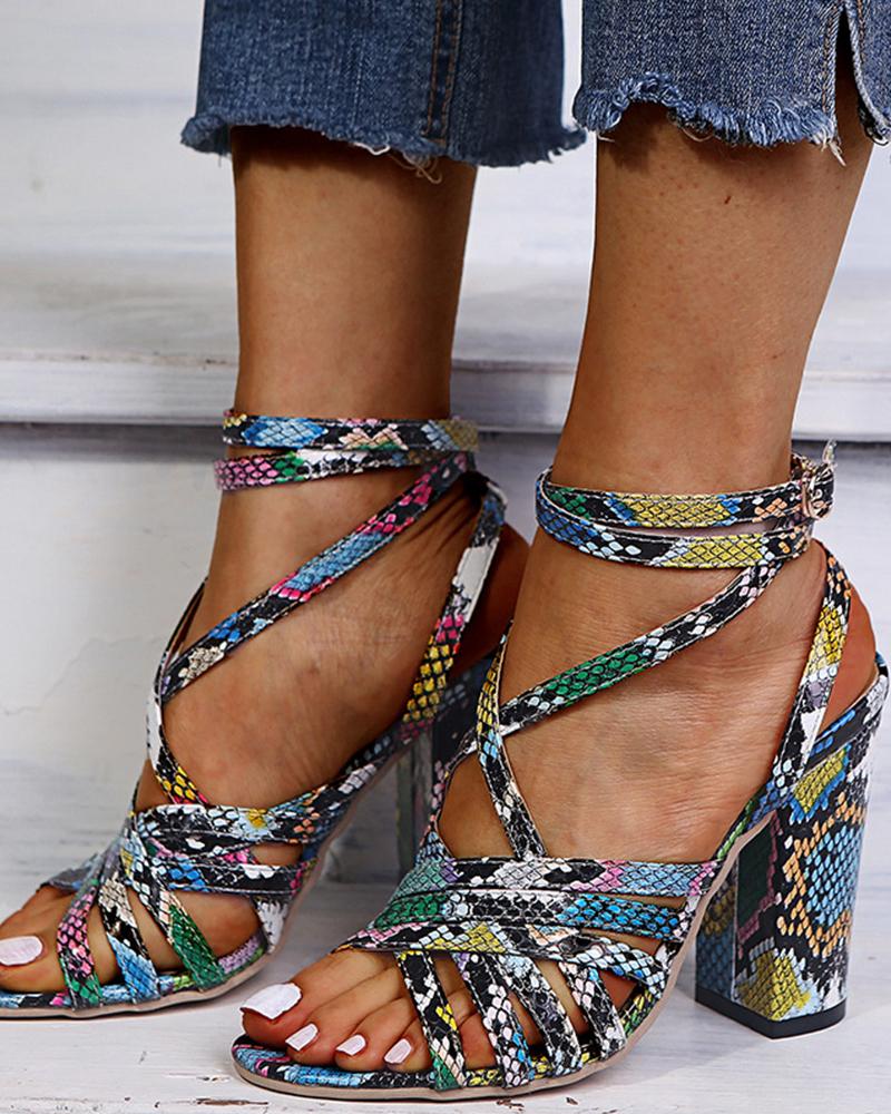 

Round-toe Multicolor Snakeskin Print Lace-up Heel Sandals