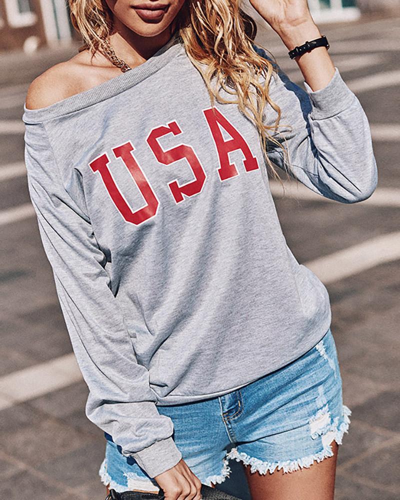 

One Shoulder Letter Print Casual Sweatshirt, Gray