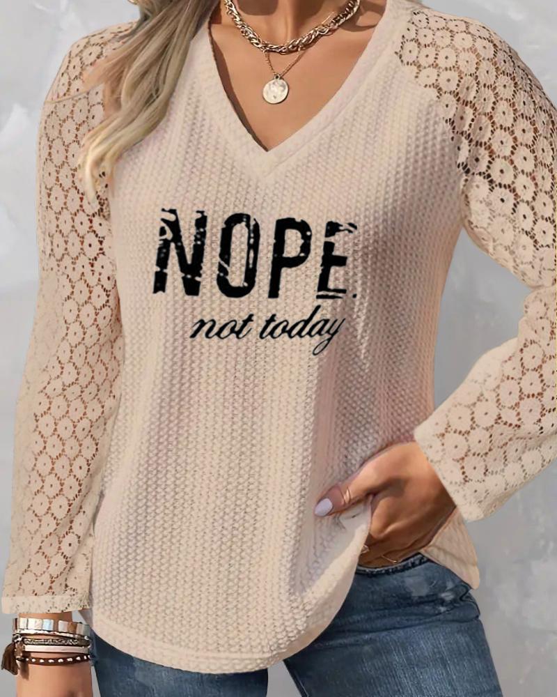 

Plus Size Nope Not Today Print Lace Patch Waffle Knit Top, Khaki