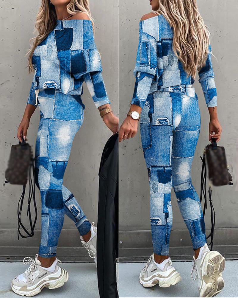 

Denim Look Print Long Sleeve Top & Pants Set, Blue