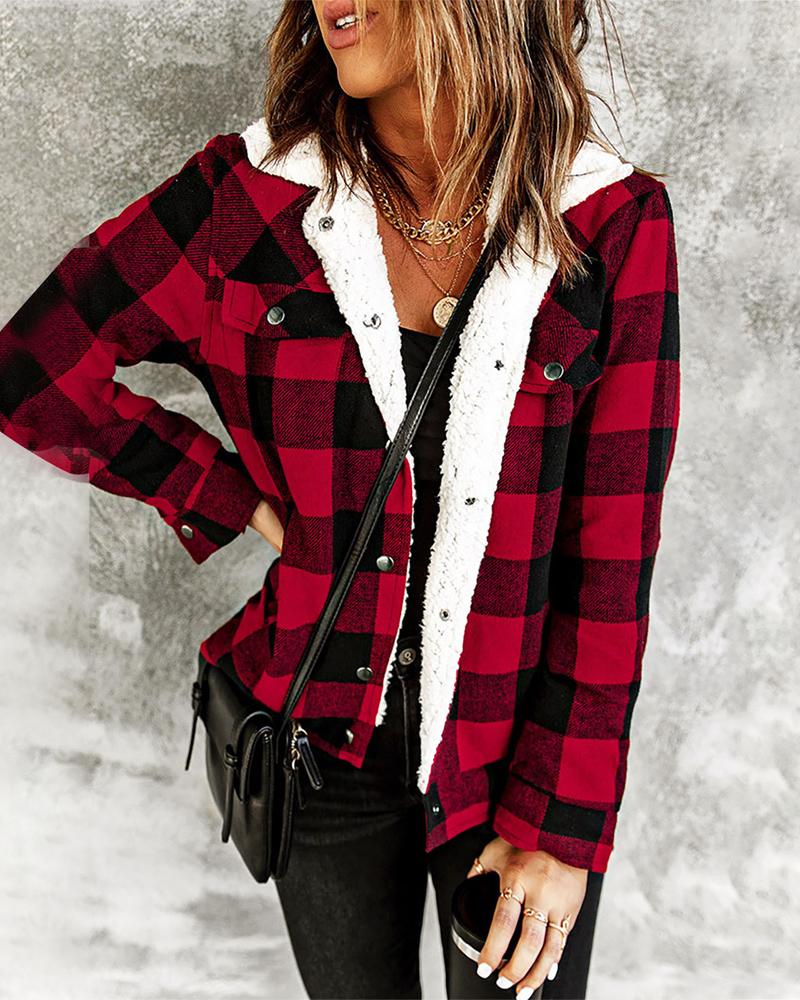 

Plaid Print Long Sleeve Teddy Lined Shacket, Red