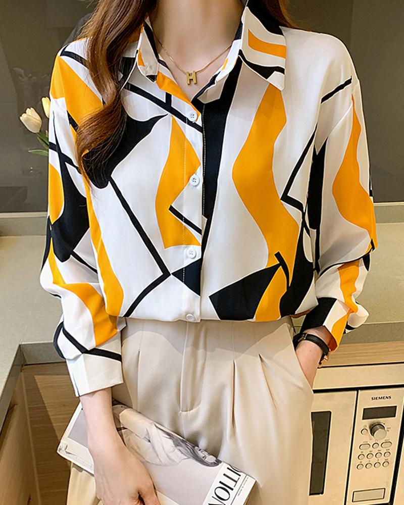 

Geometric Print Long Sleeve Button Up Top, Orange