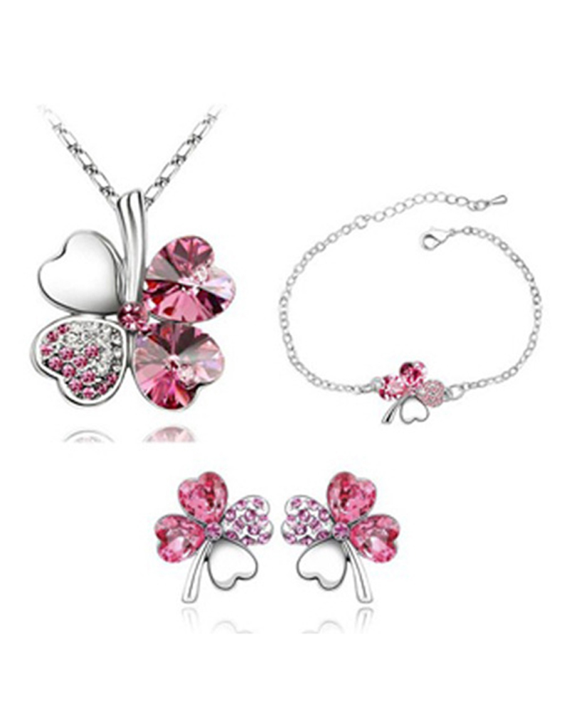 

4PCS Clover Pattern Colorblock Pendant Necklace & Earrings & Bracelet Set, Pink