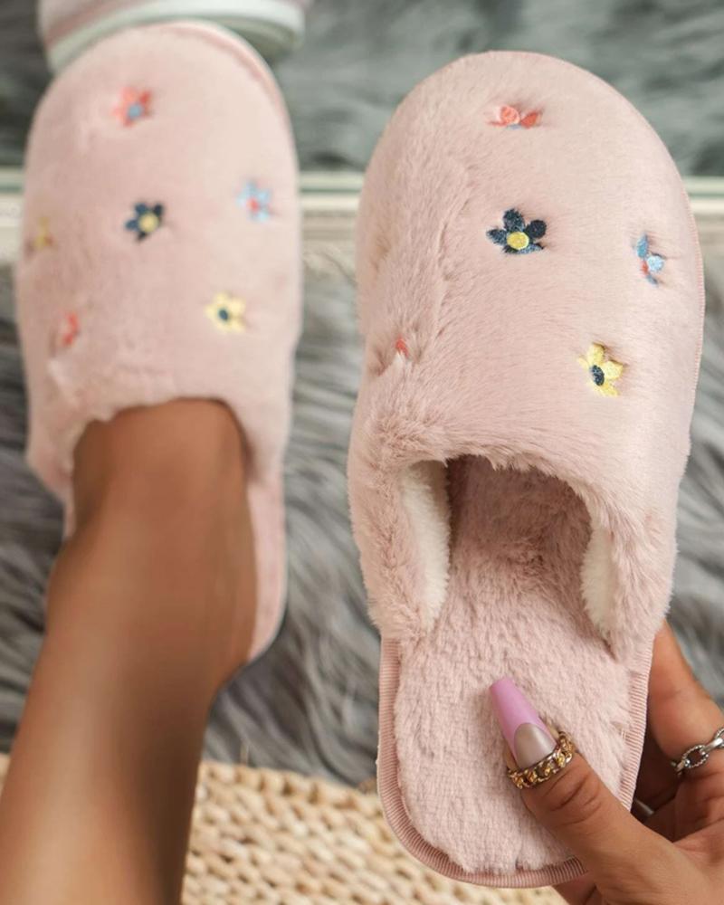 

Fuzzy Floral Embroidery Slippers, Pink