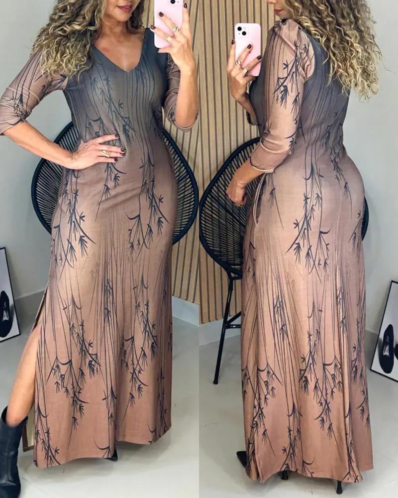 

Ombre & Plants Print V-Neck Three Quarters Sleeve Side Slit Vacation Dress, Khaki