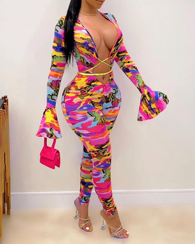 

Camouflage Snakeskin Cutout Bell Sleeve Jumpsuit, Hot pink