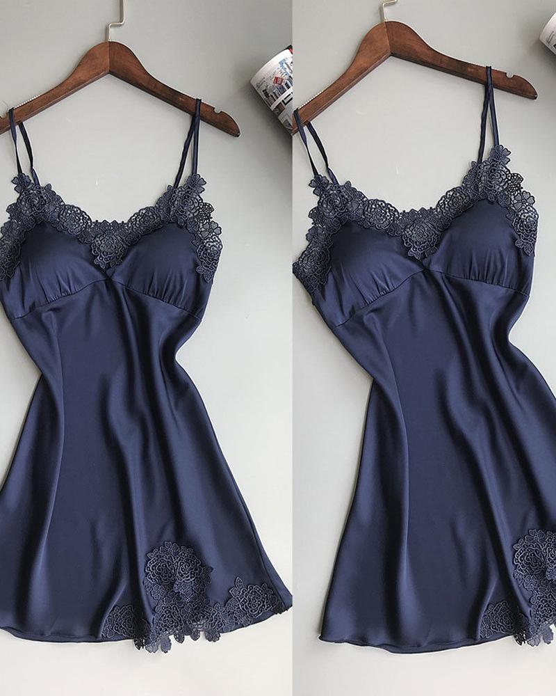 

Satin Spaghetti Strap Guipure Lace Patch Night Dress, Blue