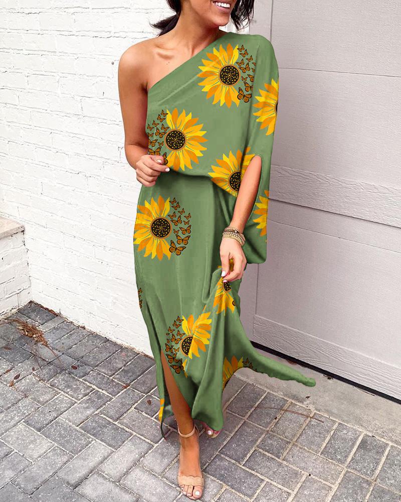 

Sunflower Butterfly Print One Shoulder Split Hem Maxi Dress, Green