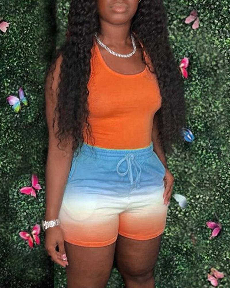

Basic Tank Top & Ombre Drawstring Shorts Set, Orange