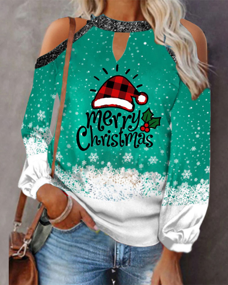 

Merry Christmas Snowflake Print Cold Shoulder Top, Green