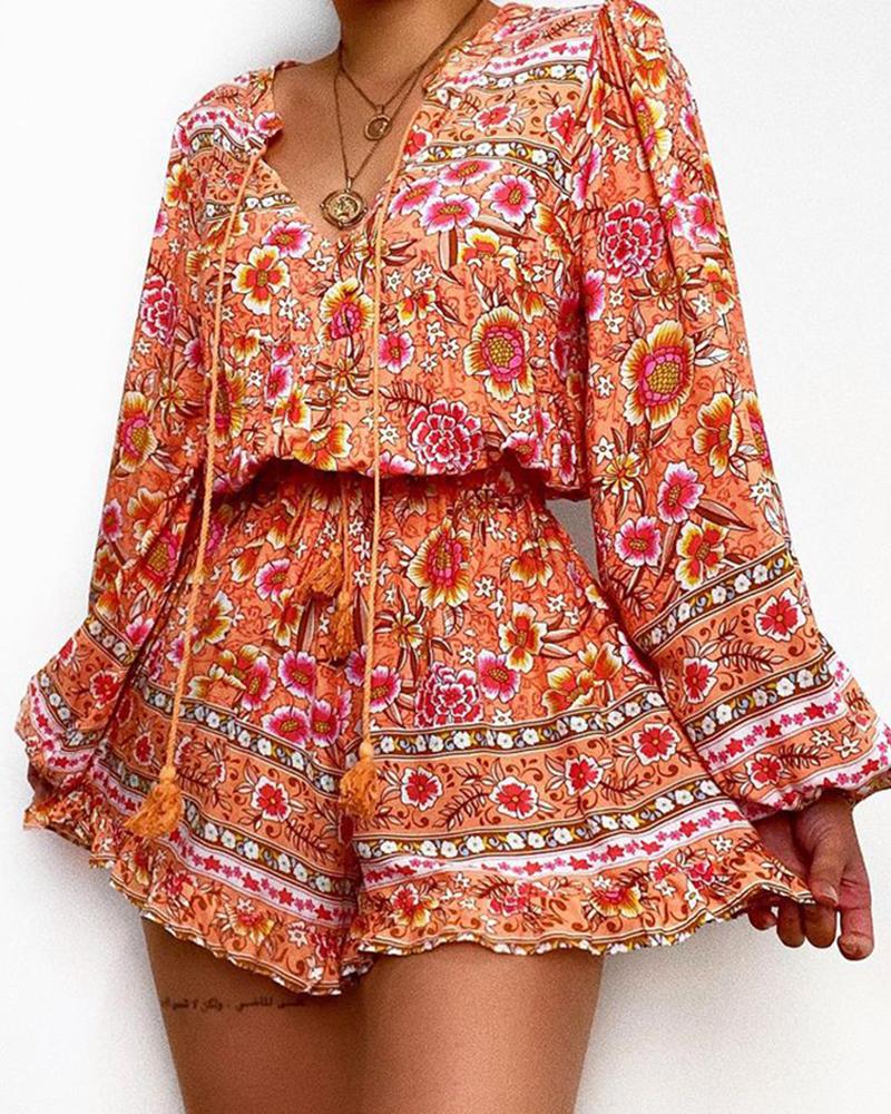 

Floral Print Fringe Tied Detail Long Sleeve Romper, Orange