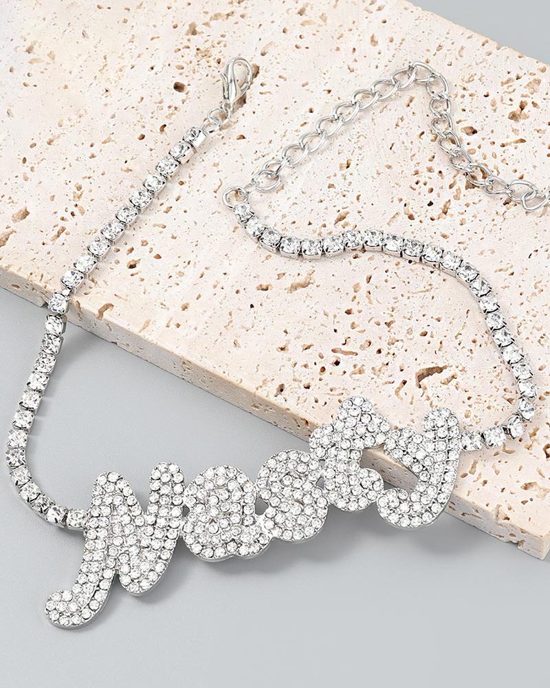 

1PCS Letter Pattern Allover Rhinestone Necklace Choker, Silver
