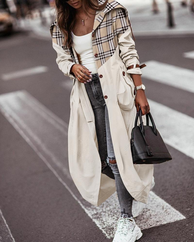 

Plaid Print Button Front Longline Trench Coat, Brown