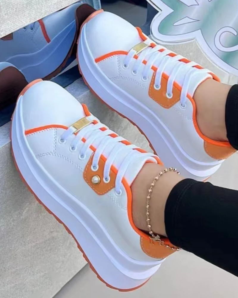 

Lace-up Contrast Paneled Platform Casual Sneakers, Orange