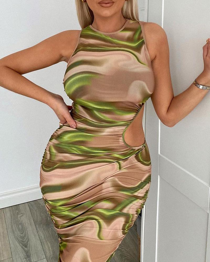 

Tie Dye Print Cutout Ruched Tank Dress, Khaki