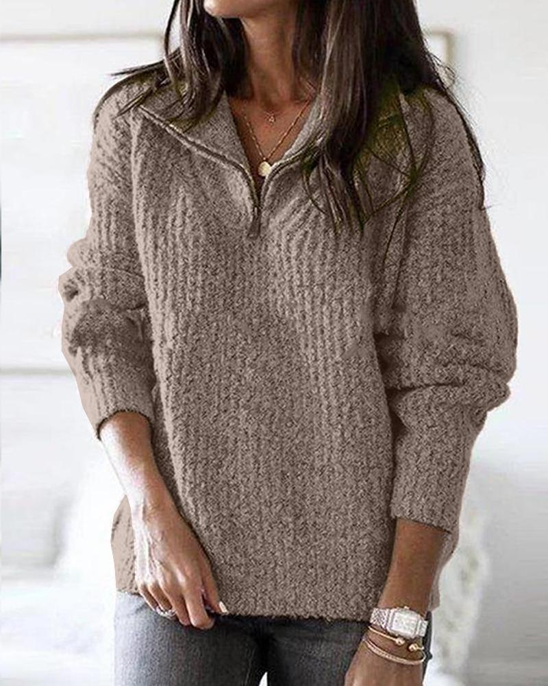

Zip Front Long Sleeve Casual Sweater, Khaki
