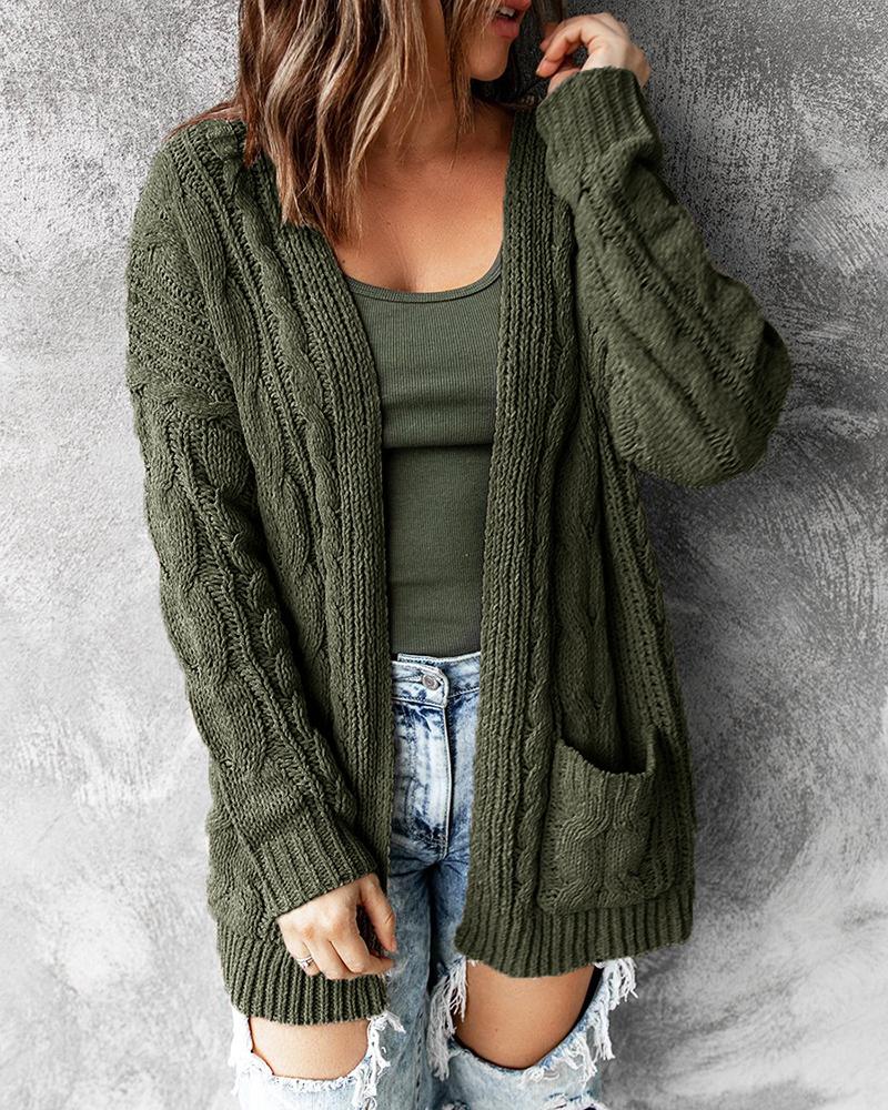 

Pocket Design Long Sleeve Braided Knit Cardigan, Army green