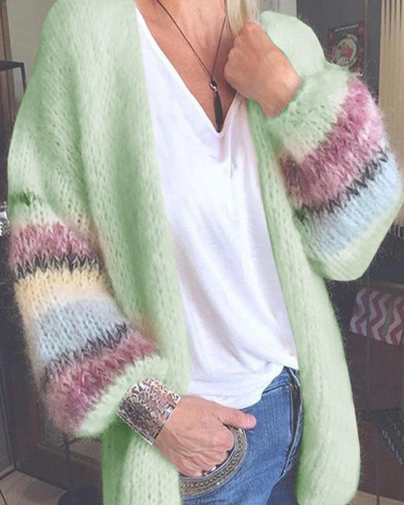 

Knit Colorblock Striped Print Lantern Sleeve Cardigan, Light green