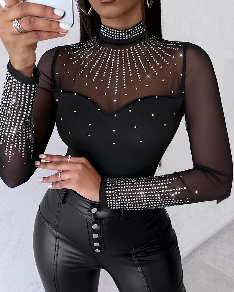 

Rhinestone Decor Sheer Mesh Patch Bodysuit, Black