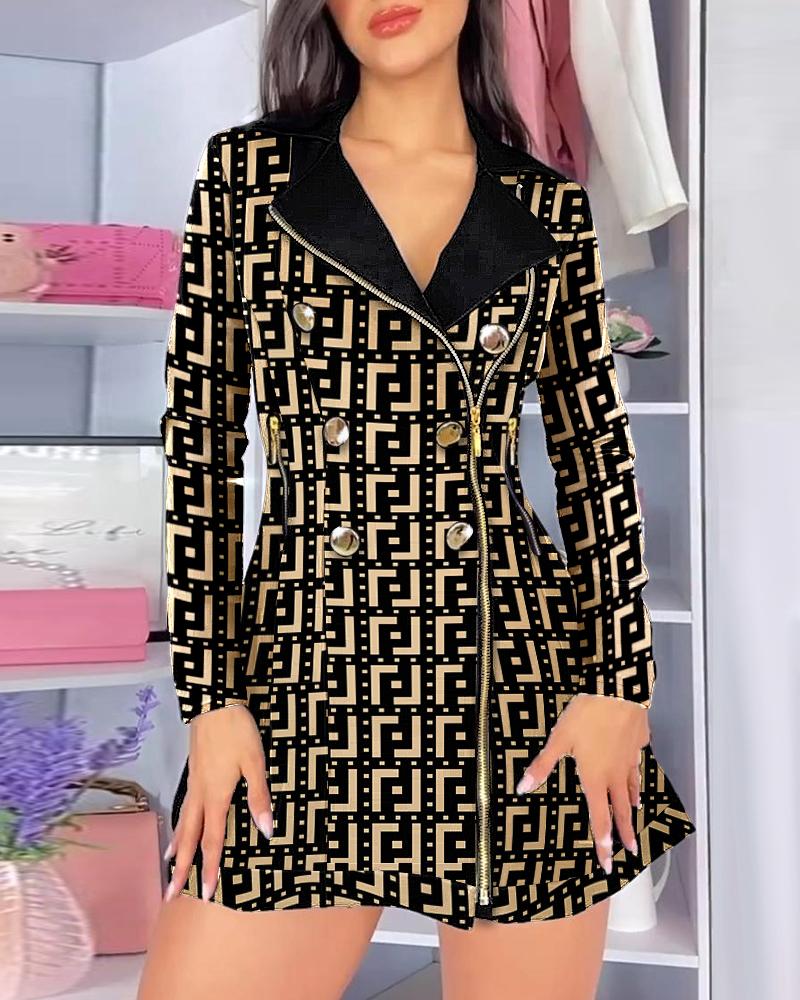 

Geometric Print Zipper Design Blazer Dress, Black