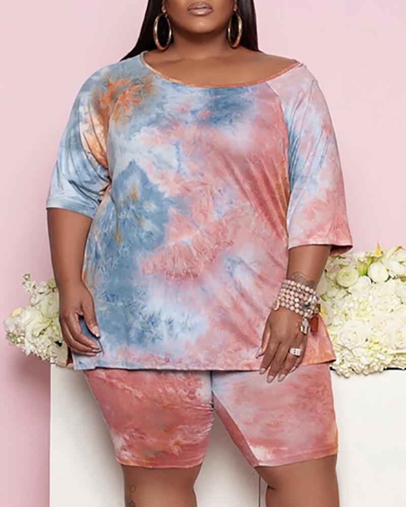 

Plus Size Tie Dye Print Top & Shorts Set, Lighted blue