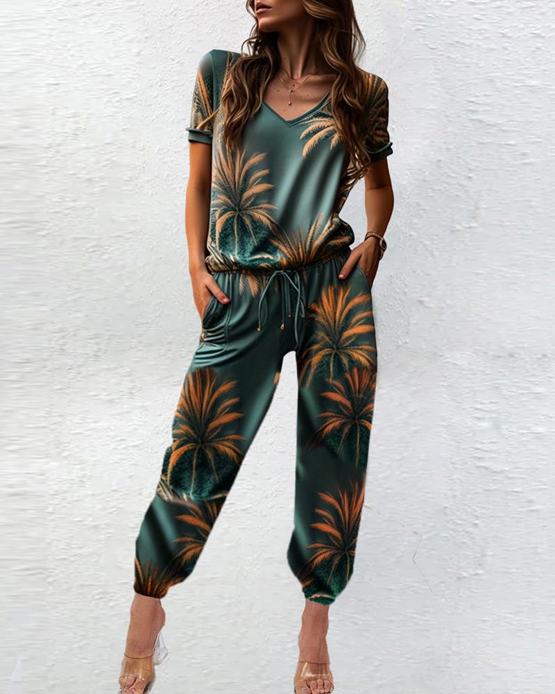 

Coconut Tree Print Pocket Design Cuffed Jumpsuit, Green