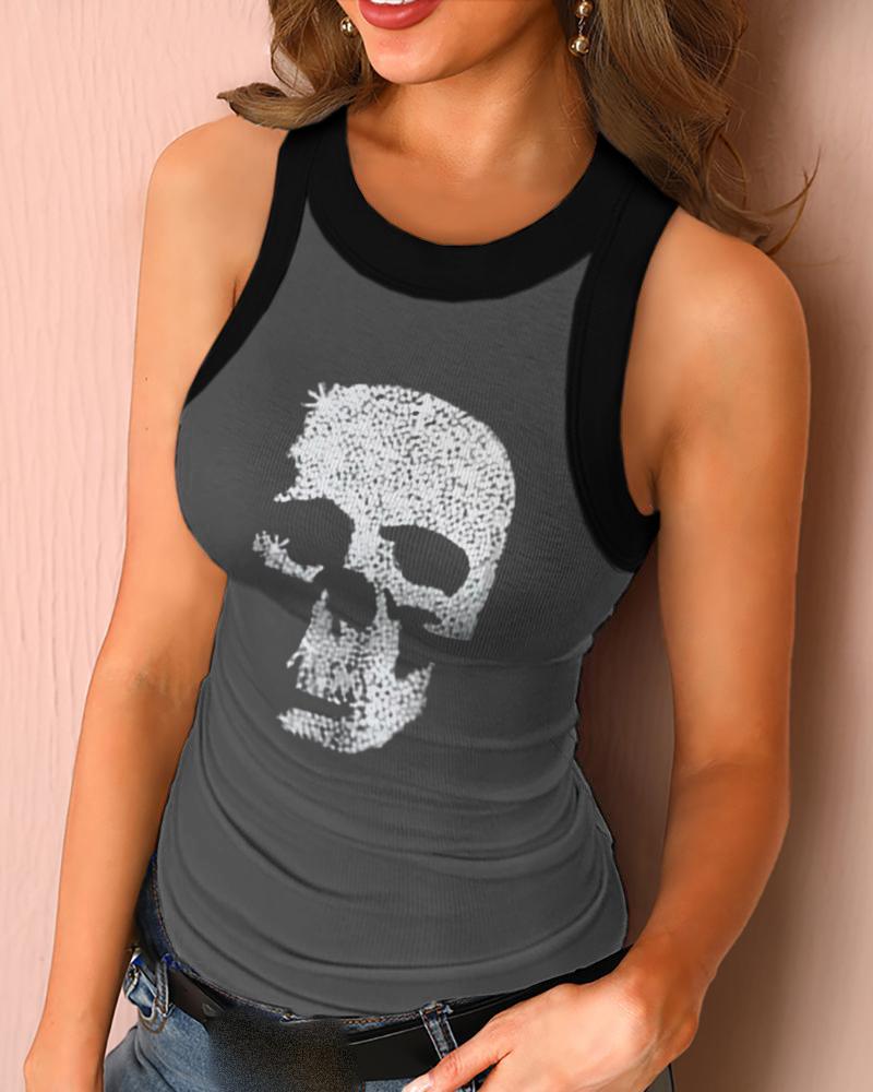 

Summer Sleeveless Basic Cami Top Shirt Slim Knit Ribbed Racerback Blouses Skull Pattern Studded Tank Tops, Gray