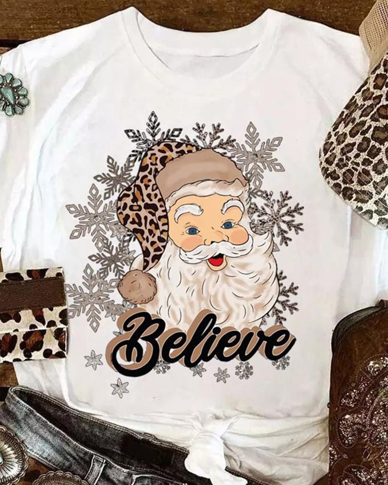 

Christmas Snowflake Santa Claus Print Casual T-shirt, White