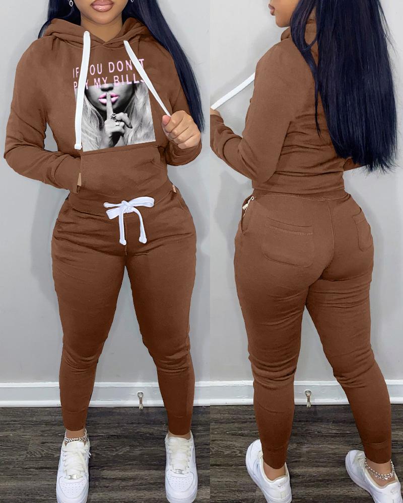 

Slogan Print Long Sleeve Casual Hoodie & Pants Set, Coffee