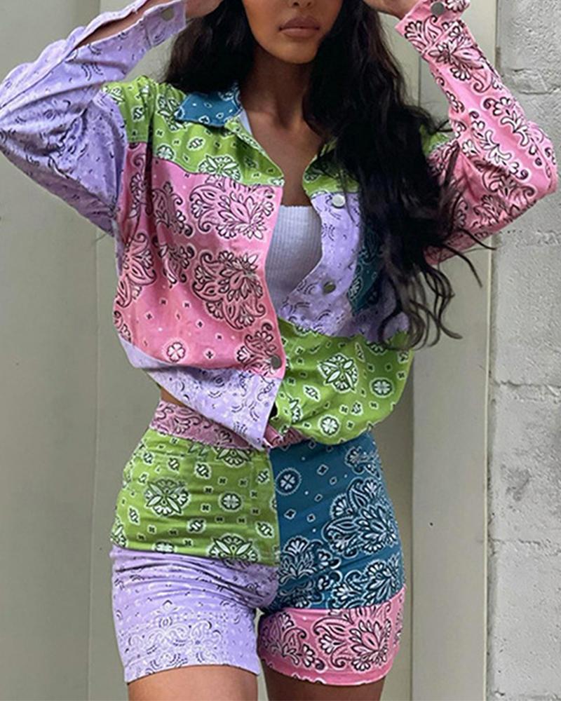 

Paisley Button Up Drop Shoulder Top & Shorts Set, Multicolor
