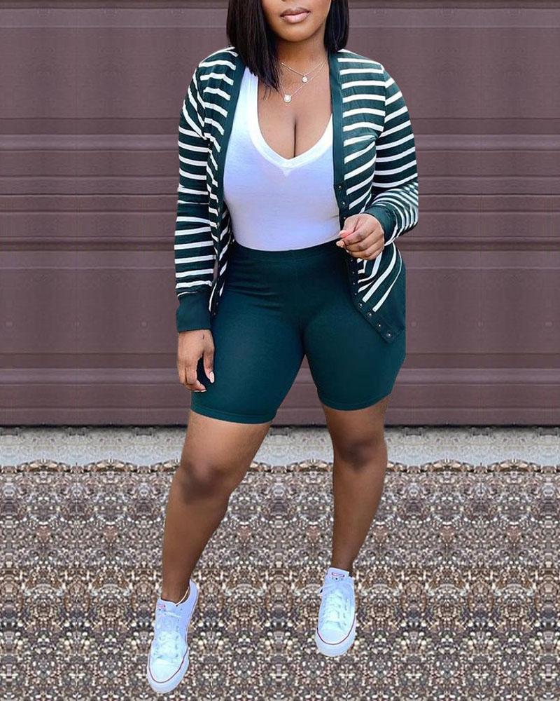 

Striped Press Button Long Sleeve Top & Shorts Set, Green