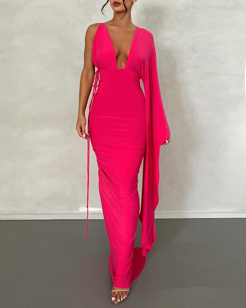 

Asymmetrical Neck Backless Plunge Evening Dress, Hot pink