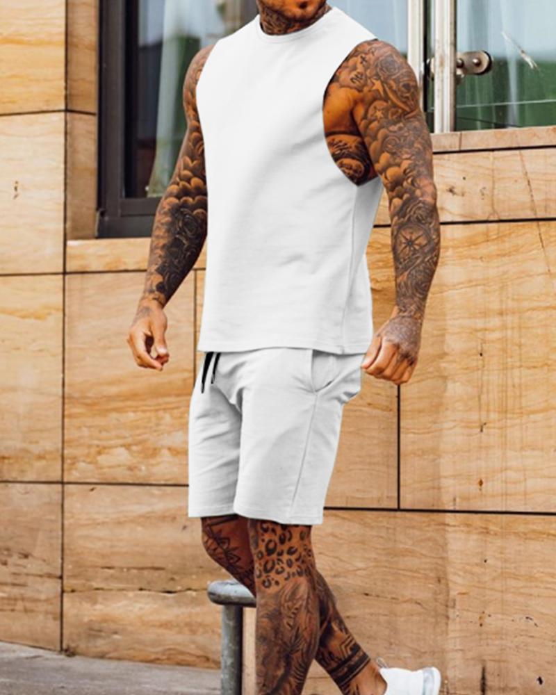 

Solid Sleeveless Tanks With Shorts Suit Sets, White