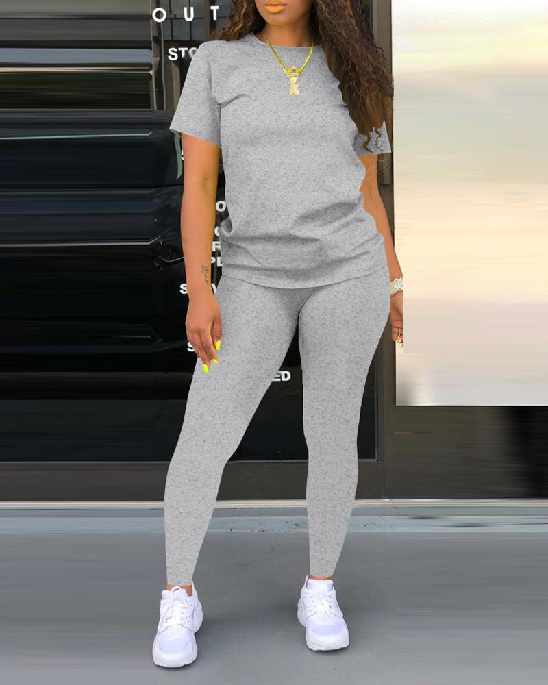 

Plus Size Plain Casual T-shirt & Pants Set, Gray